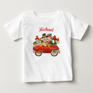 Snowman family in car Christmas personalised name Baby T-Shirt