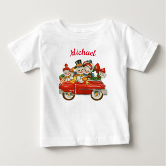 Snowman family in car Christmas personalised name Baby T-Shirt