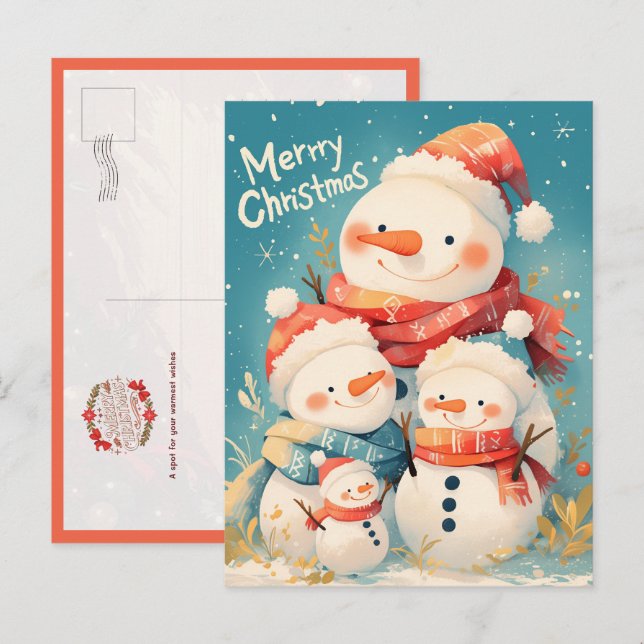 Snowman Family in Cozy Winter Postcard (Front/Back)