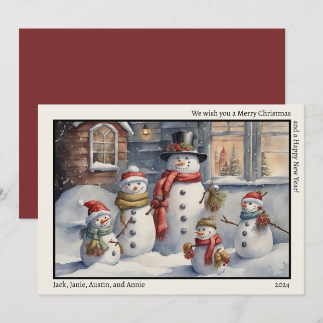 Snowman Family Merry Christmas Happy New Year Holiday Card (Front/Back)