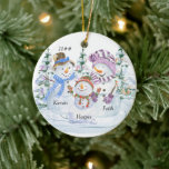 Snowman Family of 3 Cute Personalised Christmas Ceramic Tree Decoration<br><div class="desc">Cute personalised christmas ornament for a family of 3. Double-sided design features a happy trio of snowmen surrounded by christmas trees and you can personalise it with the year and your names.</div>
