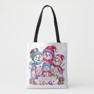 Snowman Family of Six Pink Purple Christmas Name Tote Bag