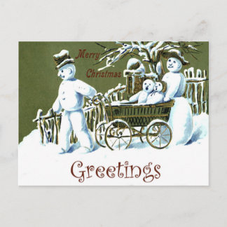 Snowman family on the way, winter season, vintage postcard