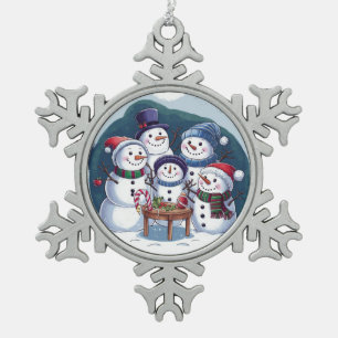 Snowman Family Snowflake Pewter Christmas Ornament