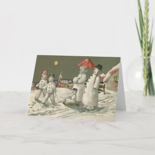 Snowman Family Winter Playing Snow Church Holiday Card