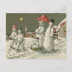 Snowman Family Winter Playing Snow Church Postcard