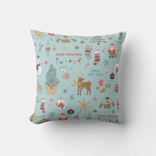 Snowman Fir-Tree Christmas Wrapping Pattern Cushion (Front)