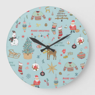 Snowman Fir-Tree Christmas Wrapping Pattern Large Clock