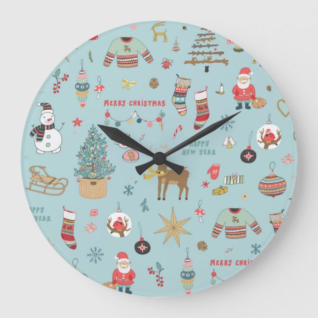 Snowman Fir-Tree Christmas Wrapping Pattern Large Clock (Front)