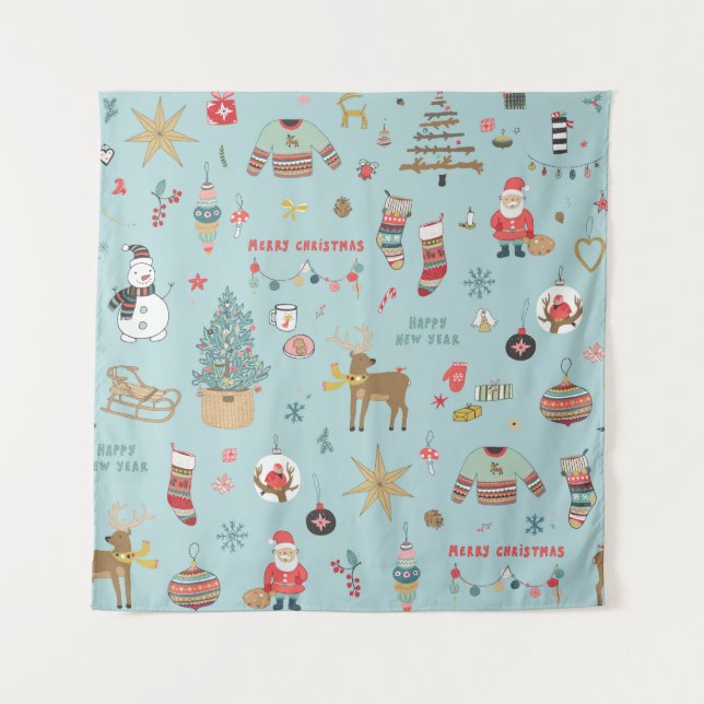 Snowman Fir-Tree Christmas Wrapping Pattern Tapestry (Front)