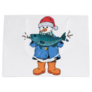 Snowman Fisherman Christmas 2026 Holiday Fishing Large Gift Bag