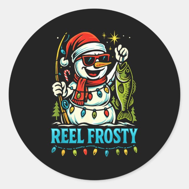 Snowman Fishing Christmas Holiday Festive Winter F Classic Round Sticker (Front)