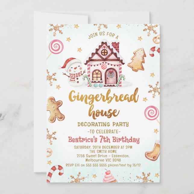 Snowman Gingerbread House Decorating Birthday Invitation (Front)
