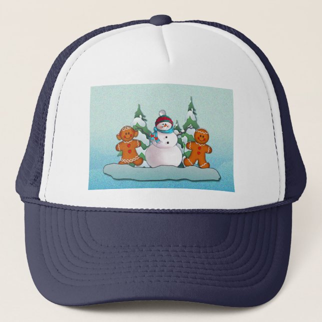 SNOWMAN & GINGERBREAD KIDS by SHARON SHARPE Trucker Hat (Front)