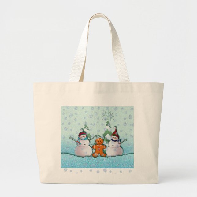 SNOWMAN & GINGERBREAD MAN by SHARON SHARPE Large Tote Bag (Front)