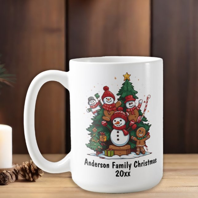 Snowman Gingerbread Man Family Christmas Year Coffee Mug (Snowman family customizable Christmas mug. Add your family name and year.)