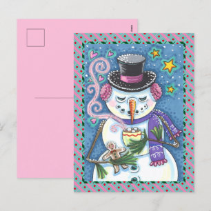 SNOWMAN, GINGERBREAD MAN & MUG OF HOT CHOCOLATE HOLIDAY POSTCARD