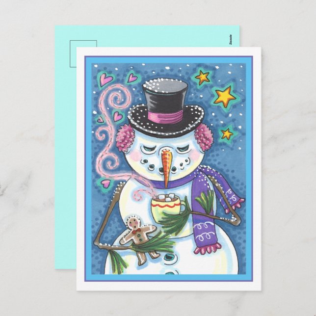 SNOWMAN, GINGERBREAD MAN & MUG OF HOT CHOCOLATE HOLIDAY POSTCARD (Front/Back)