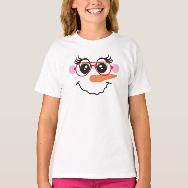 Snowman Girl Face With Glasses T-Shirt for Kids (Front)