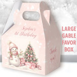 Snowman Girl Pink Christmas 1st Birthday Large Favour Box<br><div class="desc">Cute Christmas 1st or any girl Birthday large gable favour boxes with an adorable snowman and Christmas tree in blush pink with vintage vibes. Easily personalise the text. You can choose from 3 sizes of these gable favour boxes - Kate Eden Art</div>