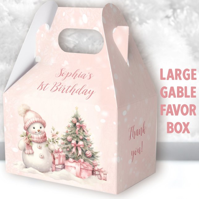 Snowman Girl Pink Christmas 1st Birthday Large Favour Box (Snowman Birthday Large Gable Favor Boxes - You can choose from 3 sizes of these gable favor boxes)