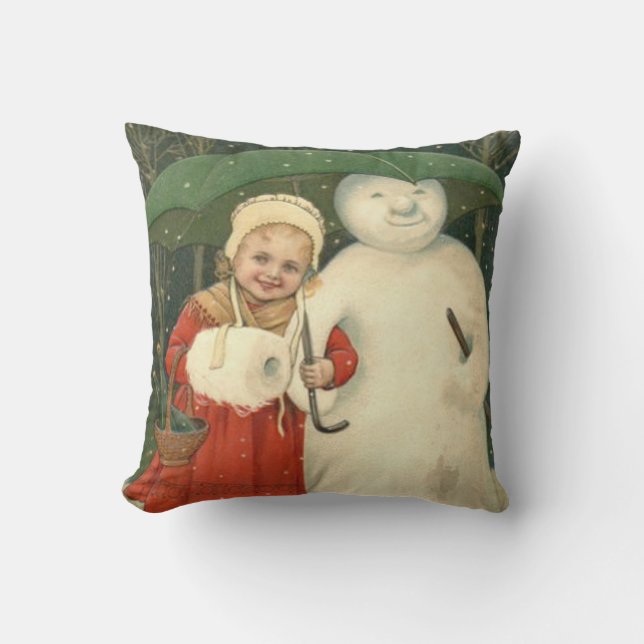 Snowman Girl Umbrella Snowfall Cushion (Front)