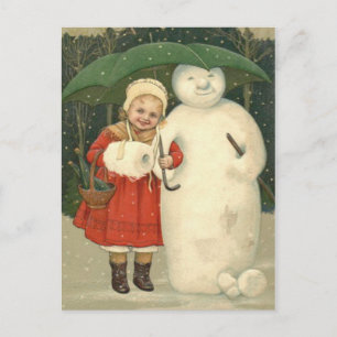Snowman Girl Umbrella Snowfall Postcard