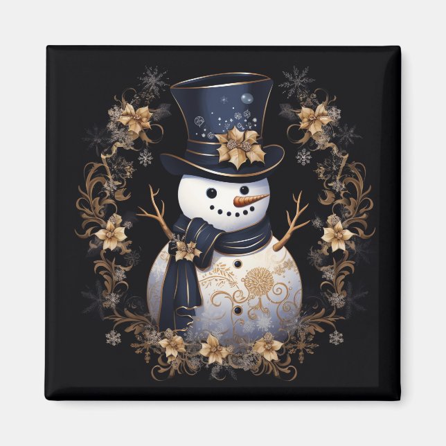Snowman Gold Flowers Holiday Magnet (Front)