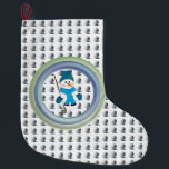 Snowman Golfer Seasonal Swing  Large Christmas Stocking<br><div class="desc">Envision a charming Christmas stocking with a winter scene adorned with a snowman golfer clad in a blue hat and mittens, ready for a round of golf with his 7 iron club and golf balls. A playful background golf ball pattern. It's a fun design for enthusiasts who enjoy golfing throughout...</div>