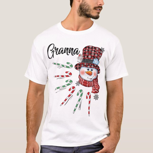 Snowman Granna Candy Cane Red Plaid Christmas T-Shirt (Front)