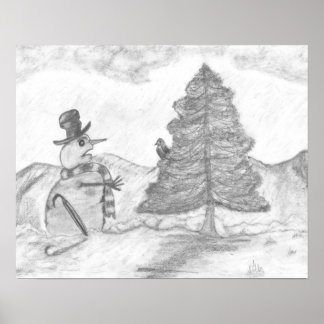 Snowman Grayscale Pencil drawing christmas scene Poster