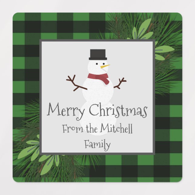Snowman Green Buffalo Plaid Baking Labels (Design 1)