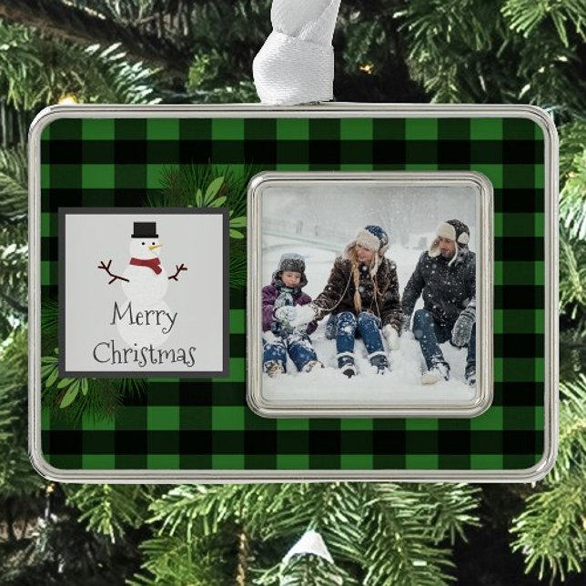 Snowman Green Buffalo Plaid Framed | Black Green Silver Plated Framed Ornament (Green Snowman Buffalo Plaid Framed Ornament)