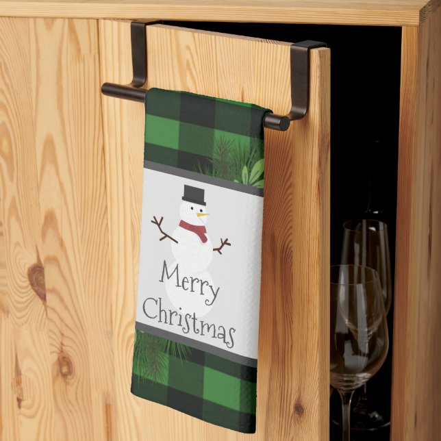 Snowman Green Buffalo Plaid Kitchen Towel (Thirds Fold)