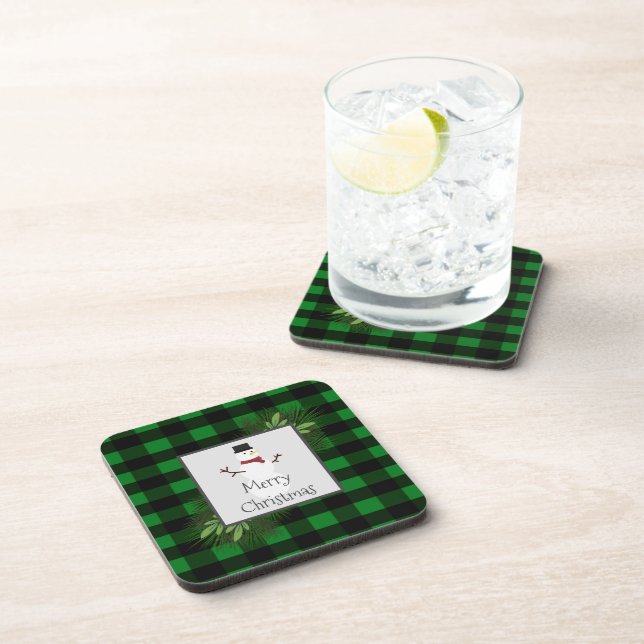 Snowman Green Buffalo Plaid Plastic Coaster (Right Side)