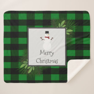 Snowman Green Buffalo Plaid Sherpa Blanket
