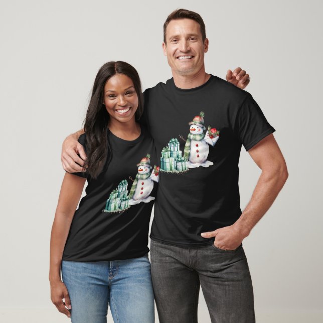 Snowman Green Scarf Hat and Wrapped Gifts His Hers T-Shirt (Unisex)