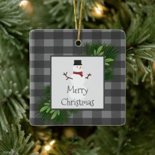 Snowman Grey Buffalo Plaid Ceramic Ornament