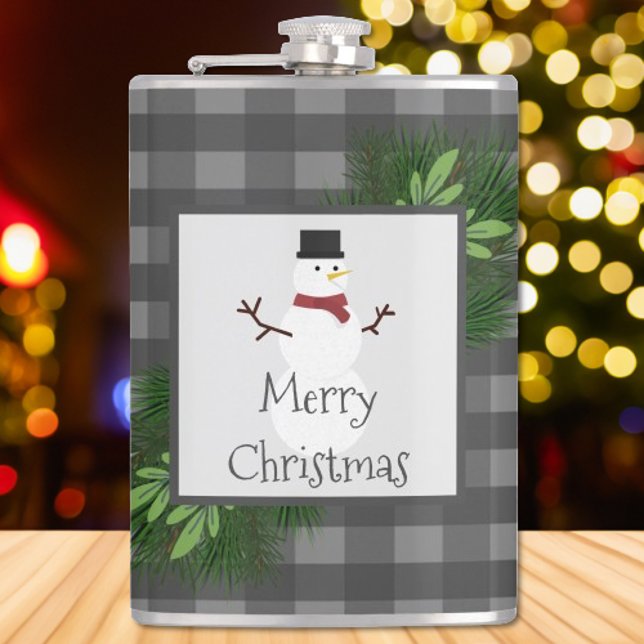 Snowman Grey Buffalo Plaid Flask (Gray Snowman Buffalo Plaid Flask)
