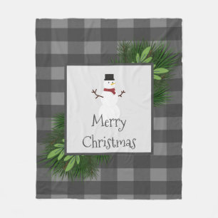 Snowman Grey Buffalo Plaid Fleece Blanket