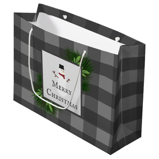 Snowman Grey Buffalo Plaid Gift Bag (Front Angled)