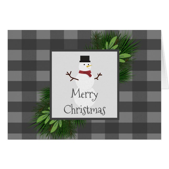 Snowman Grey Buffalo Plaid Greeting Card (Front Horizontal)