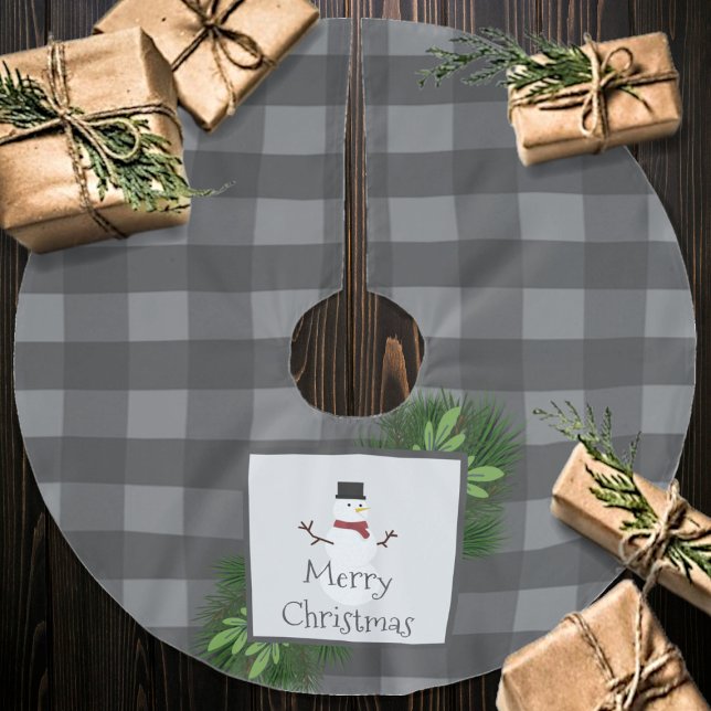 Snowman Grey Buffalo Plaid | Grey Brushed Polyester Tree Skirt (Gray Snowman Buffalo Plaid Christmas Tree Skirt)
