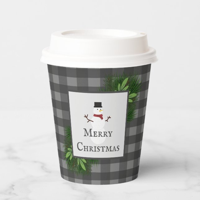 Snowman Grey Buffalo Plaid Paper Cup (Front)