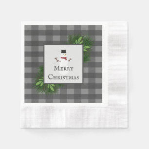 Snowman Grey Buffalo Plaid Paper Napkin
