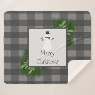 Snowman Grey Buffalo Plaid Sherpa Blanket