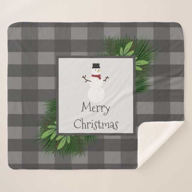 Snowman Grey Buffalo Plaid Sherpa Blanket (Front (Horizontal))