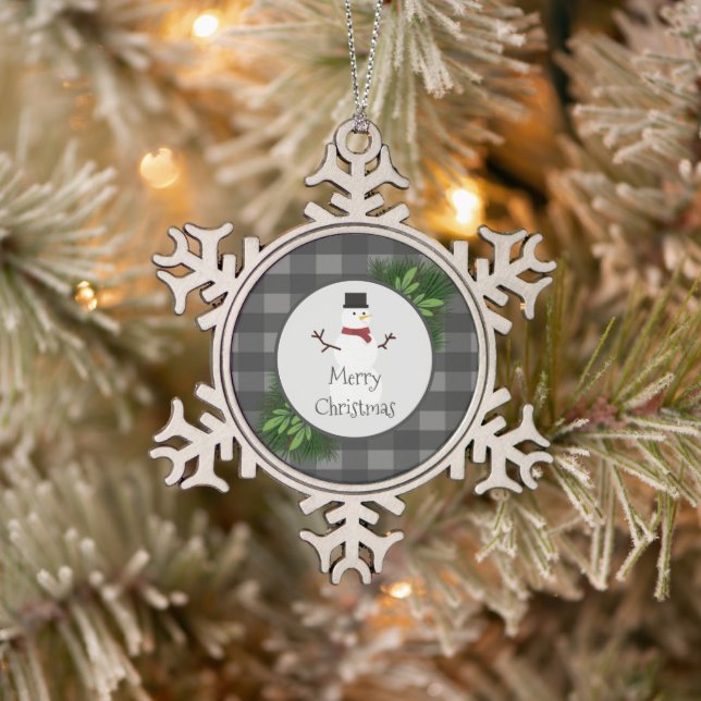 Snowman Grey Buffalo Plaid Snowflake Ornament (Tree)