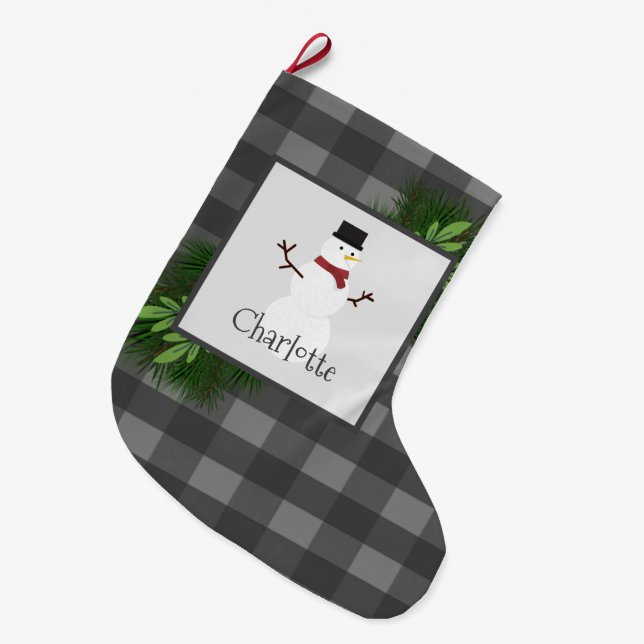 Snowman Grey Buffalo Plaid Stocking (Front (Hanging))