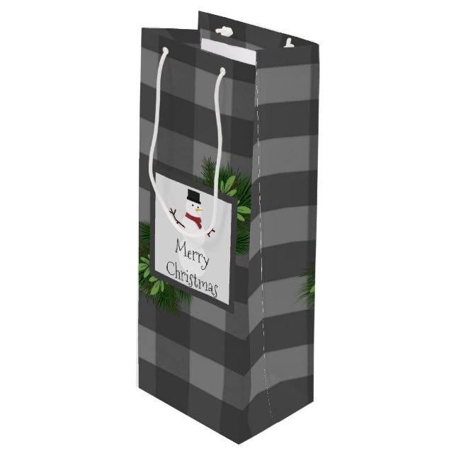 Snowman Grey Buffalo Plaid Wine Gift Bag (Front Angled)